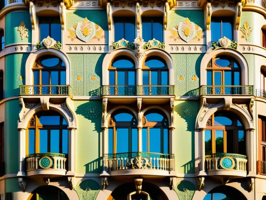 Patrones artísticos del Art Nouveau en Barcelona: Fachada bien conservada con detalles florales, líneas curvas y elementos decorativos en tonos pastel