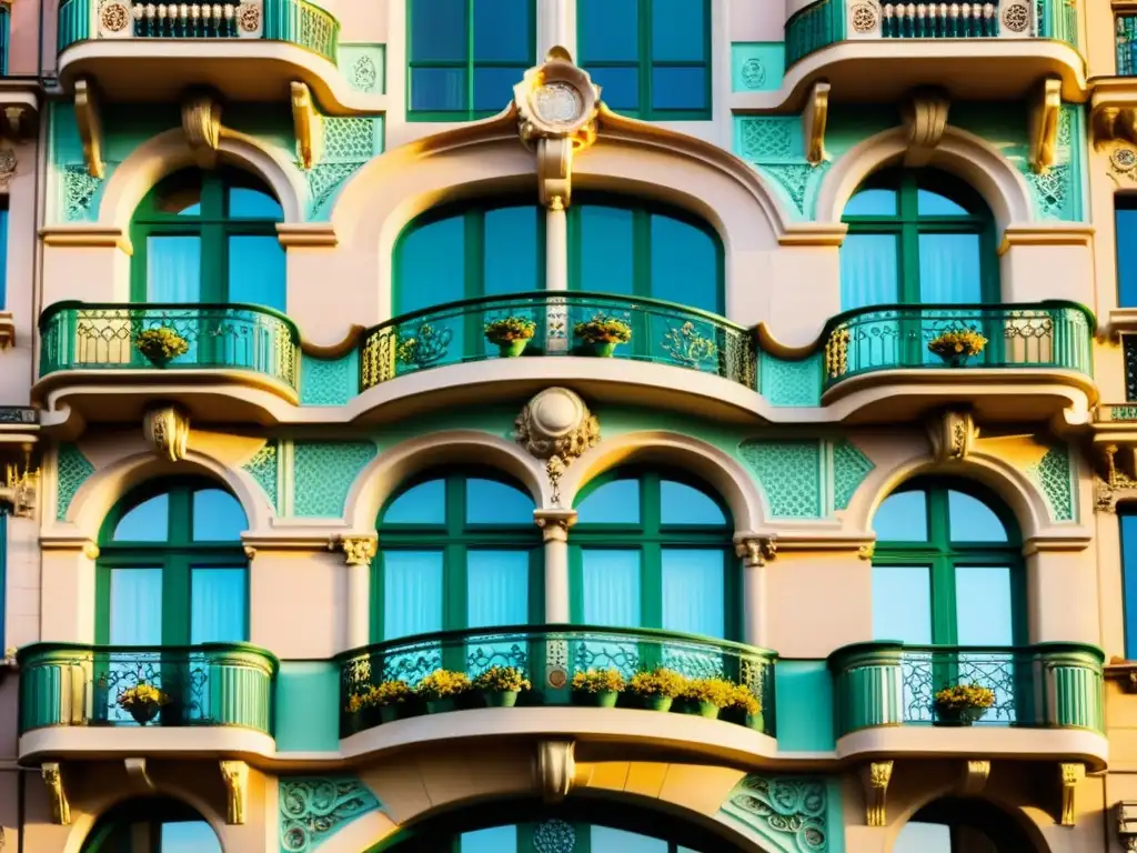 Patrones artísticos del Art Nouveau en Barcelona: Fachada ornamental con detalles florales y geométricos en tonos pastel, balcones de hierro forjado y ventanas arqueadas, bañados por una cálida luz que realza la nostalgia del lugar