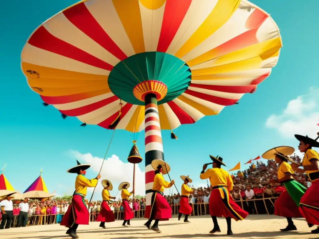 Los Patrones artísticos en festivales cobran vida en esta impresionante imagen vintage de los Voladores de Papantla, con sus trajes vibrantes y el icónico poste alto como telón de fondo