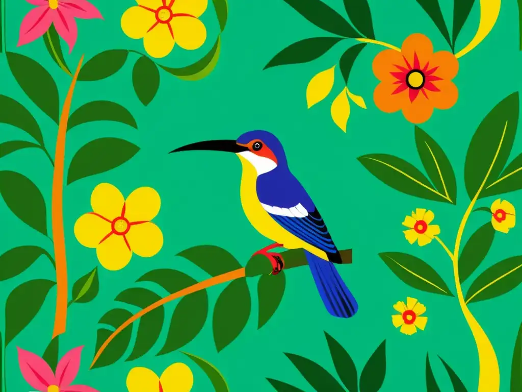 Patrones artísticos de flora y fauna en Latinoamérica: ilustración vintage de exuberante selva tropical y fauna exótica en colores vibrantes