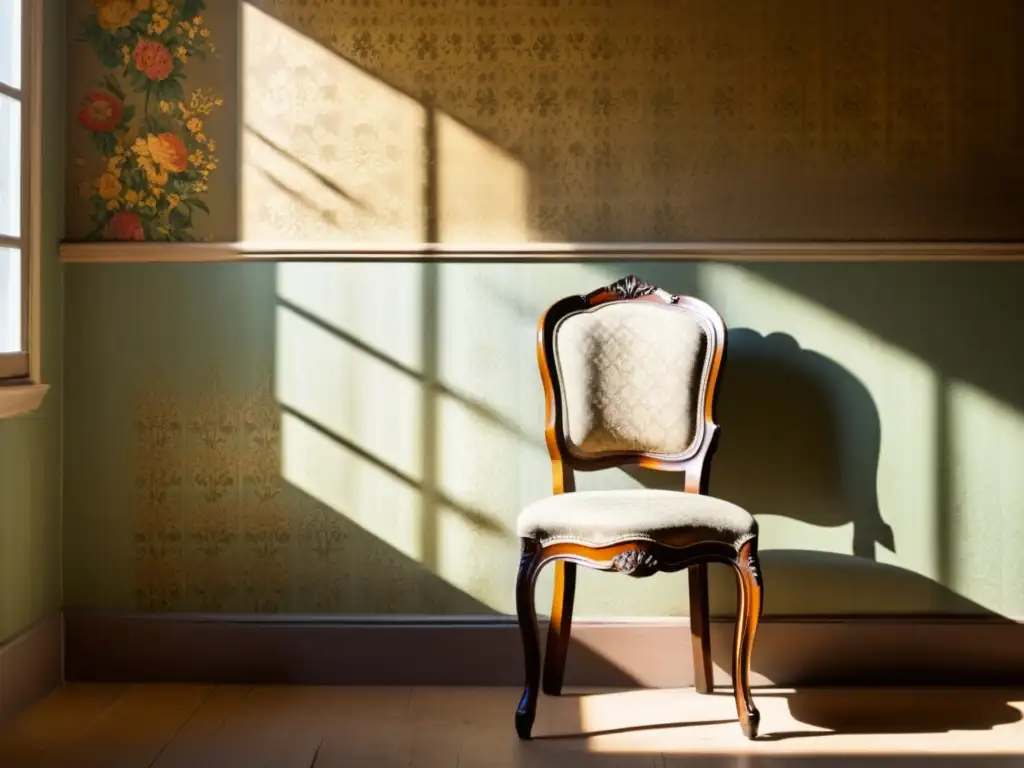 Vintage wallpaper floral envejecido con silla antigua Patrones artísticos para identidad de marca en vintage fondo floral desgastado, con silla antigua y luz cálida
