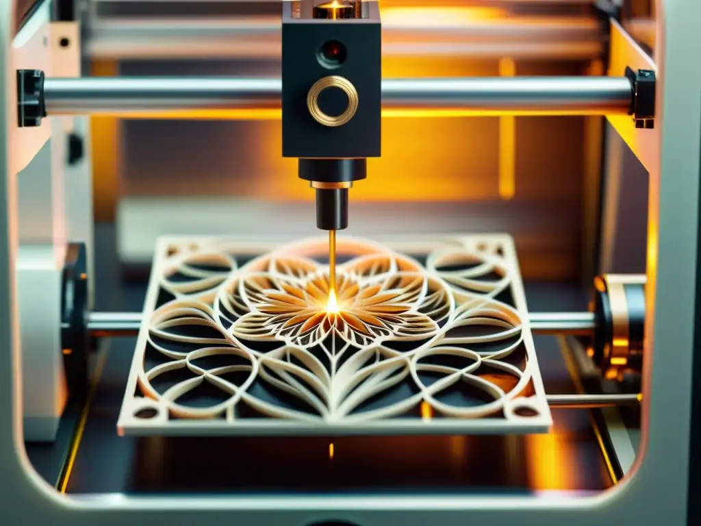 Impresión 3D artística de patrón vintage Patrones artísticos impresión 3D: Una impresora 3D crea una compleja y fascinante obra de arte en un ambiente cálido y vintage
