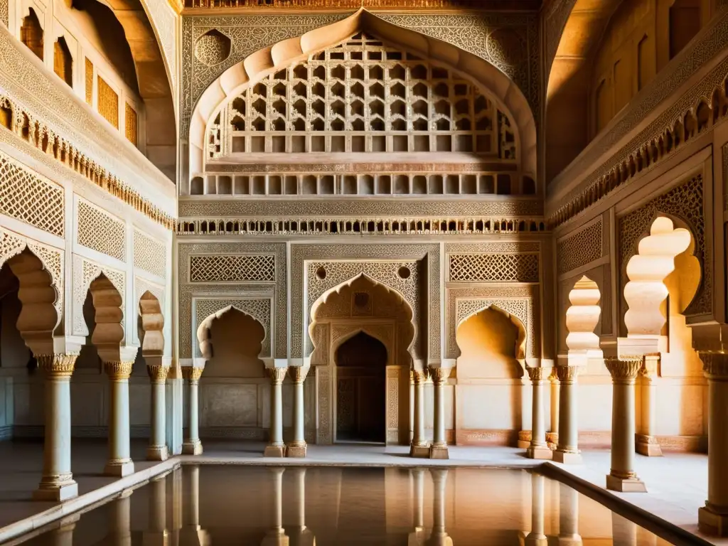 Patrones artísticos India: geometría sagrada en las intrincadas decoraciones del Taj Mahal, con luz y sombra resaltando su belleza atemporal