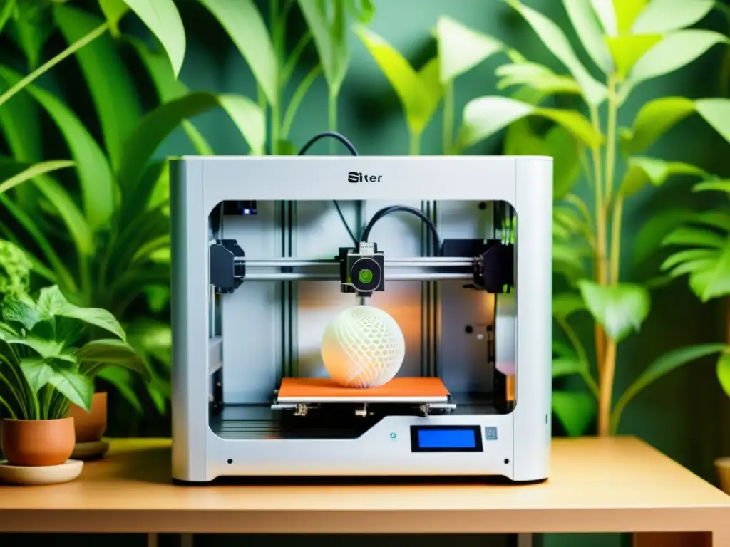 3D printer imprimiendo patrones artísticos en diseño de interiores, rodeado de vegetación exuberante en ambiente sostenible y vintage