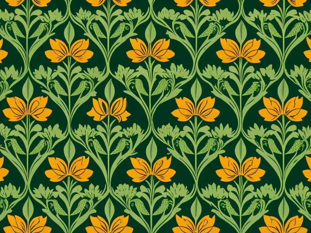 Patrones artísticos William Morris: Intrincados motivos florales y follaje en tonos terrosos, evocando elegancia y artesanía atemporal