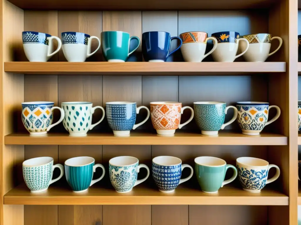 Adaptación de patrones artísticos en merchandising: Exquisitas tazas cerámicas en una elegante tienda de museo