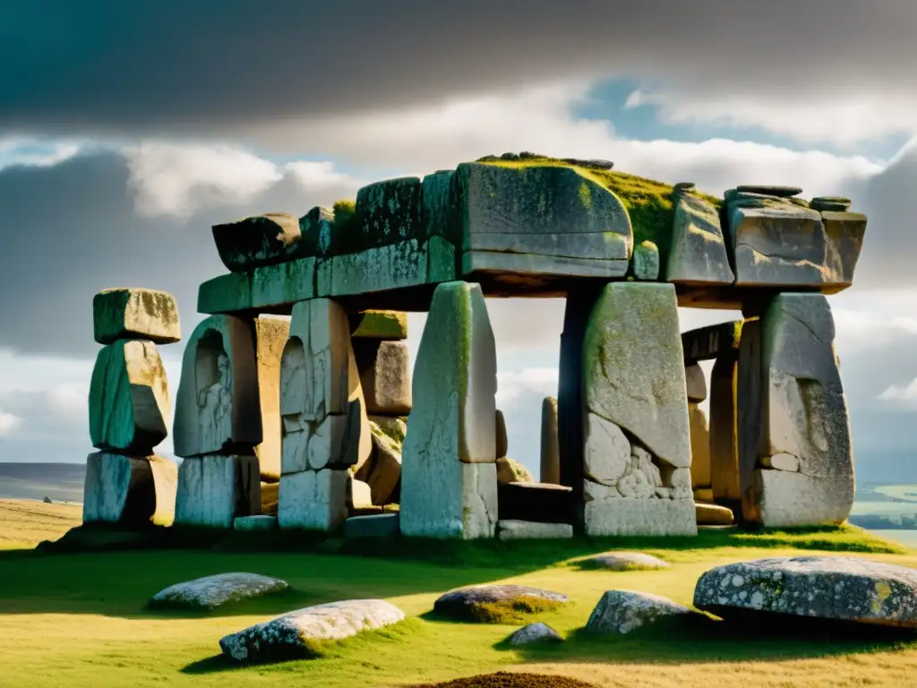 Patrones artísticos en monumentos megalíticos: Antigua estructura de piedra con intrincados grabados, bajo un cielo dramático y misterioso