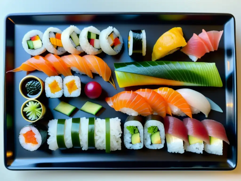 Patrones artísticos en la presentación de sushi: una selección impresionante de rolls, sashimi y decoraciones en un plato lacado negro