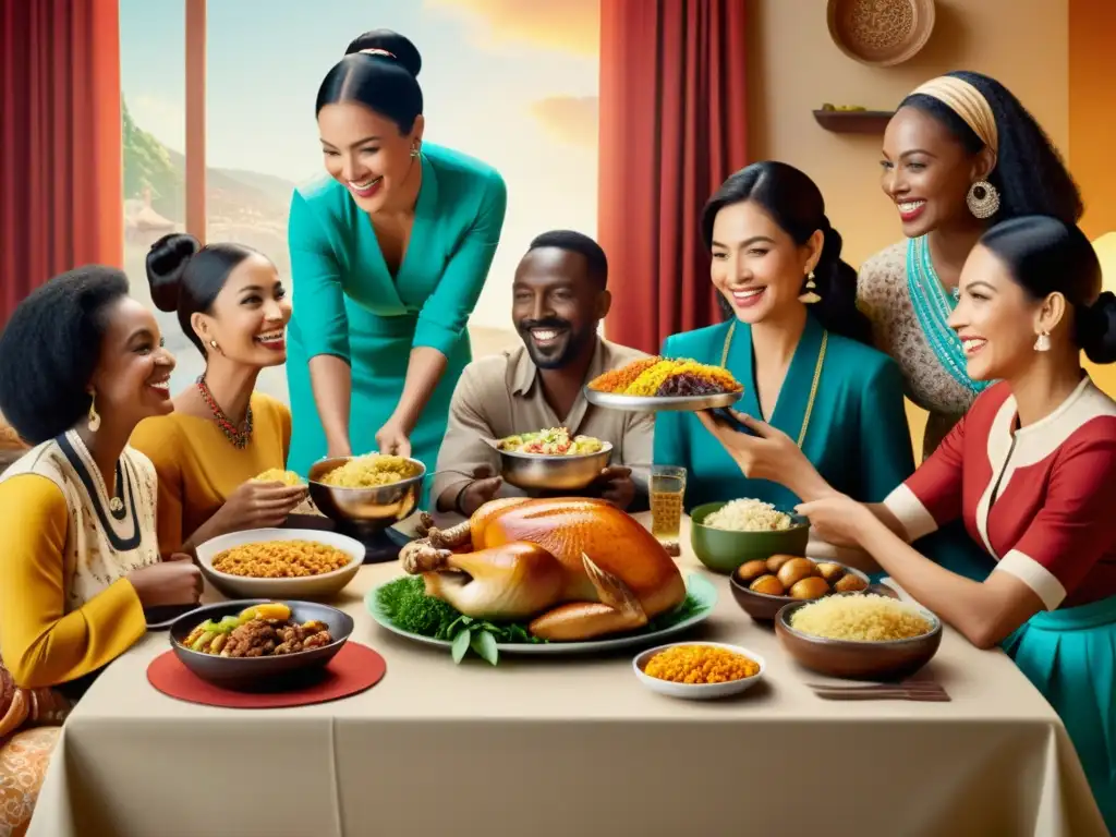 Patrones artísticos en publicidad multicultural: Ilustración vintage de personas diversas compartiendo una comida, destacando la unión multicultural