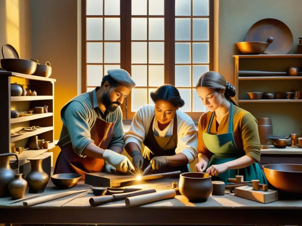 Patrones artísticos renacimiento Toscana: Pintura vintage de artesanos trabajando juntos en un taller renacentista, bañados por cálida luz dorada