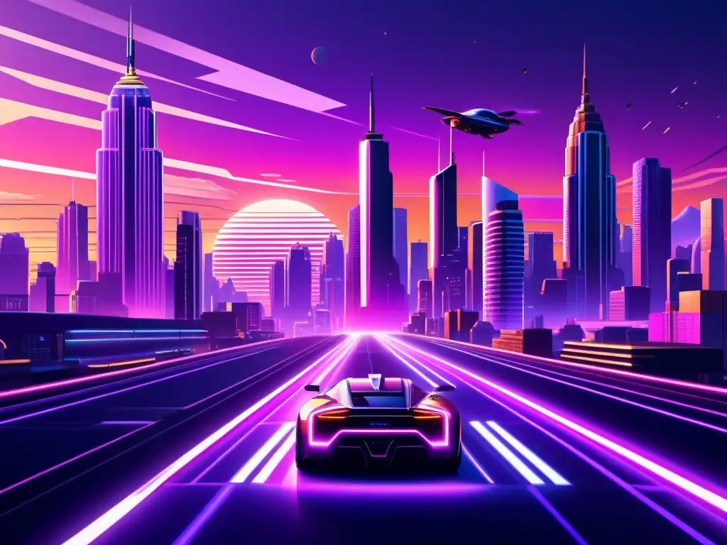 Arte digital 8k de una ciudad retrofuturista al atardecer Patrones artísticos de retrofuturismo en una ciudad retrofuturista con rascacielos, autos voladores y luces de neón, en un atardecer púrpura y rosa