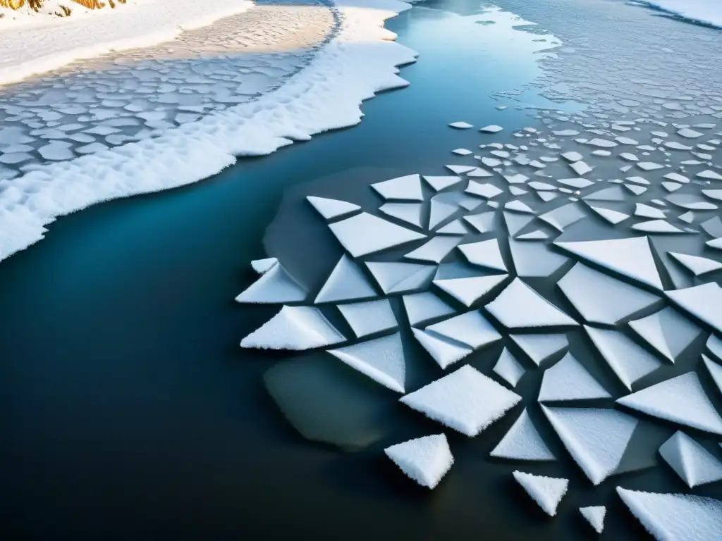 Patrones artísticos en ríos congelados: Fotografía vintage de un río congelado, destacando detalles de hielo y juego de luces y sombras