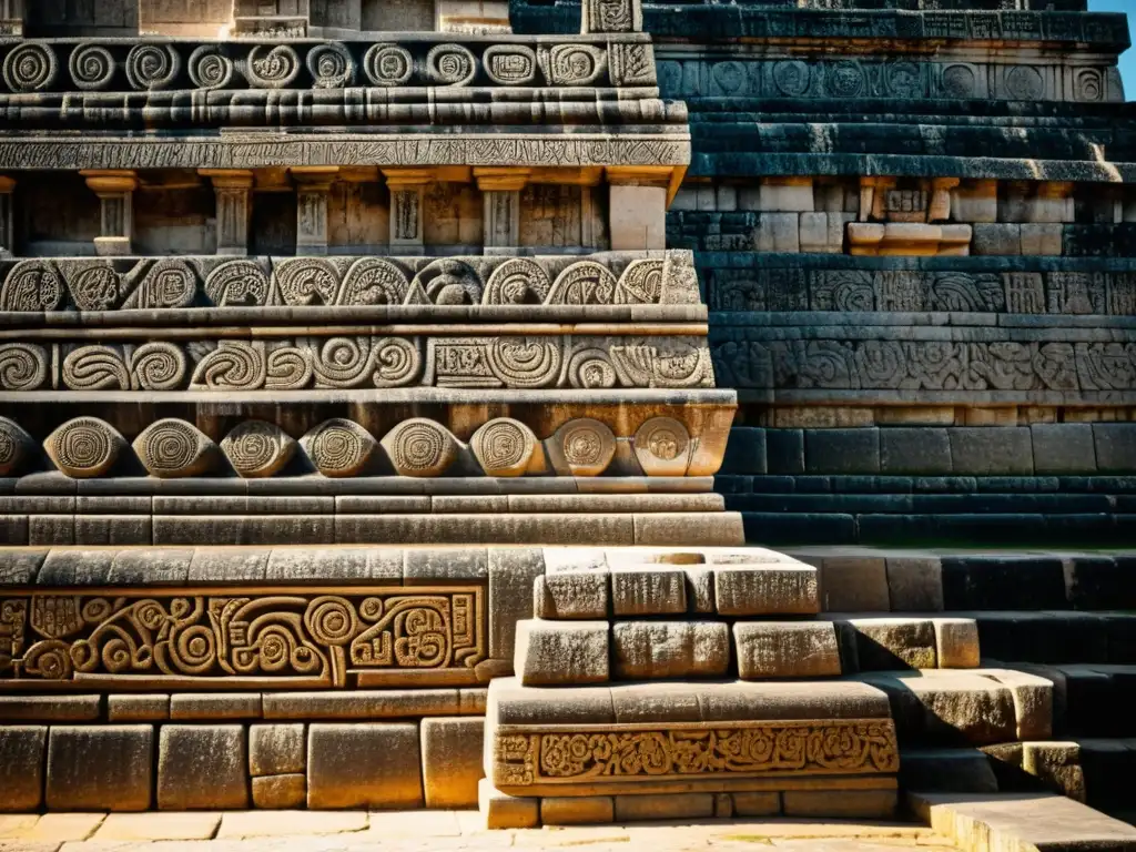 Patrones artísticos en ruinas mayas: Fotografía vintage de las intrincadas tallas de piedra en el Templo de Kukulcán, Chichen Itzá, resaltando la precisión y profundidad bajo la luz solar