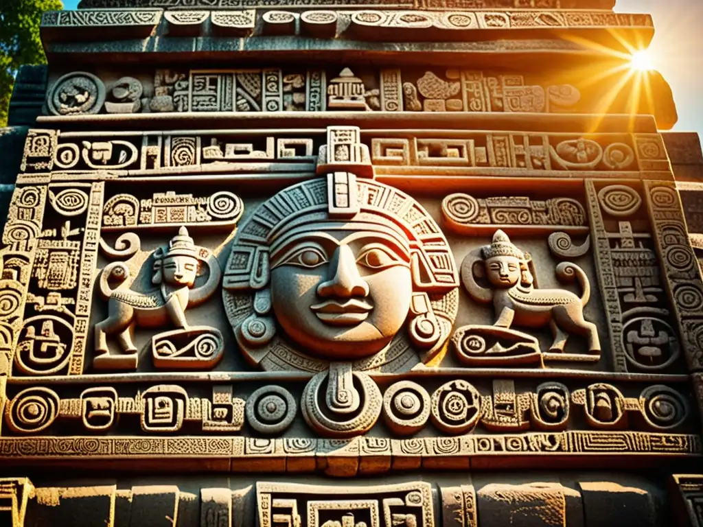 Patrones artísticos en ruinas mayas: Intrincados carvings iluminados por el cálido sol, revelando la rica herencia artística de la civilización maya