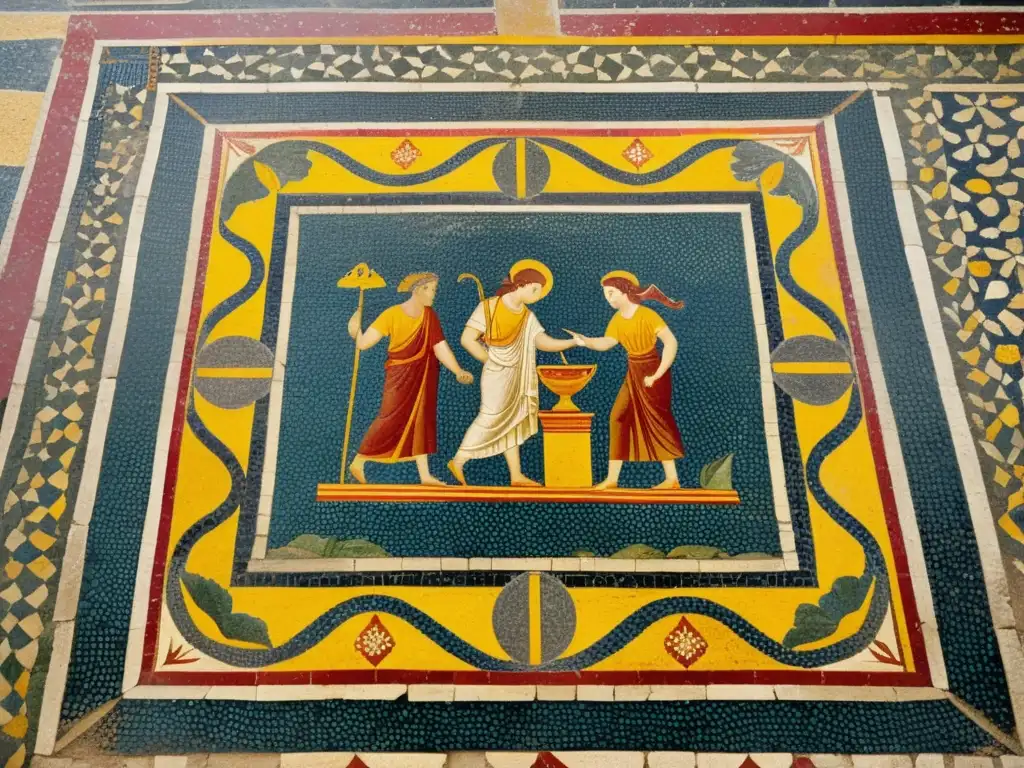 Patrones artísticos en las ruinas de Pompeya: Mosaico bien conservado con colores vibrantes y escenas de la vida diaria en Pompeya