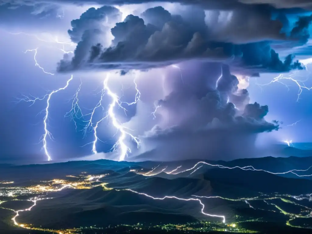 Patrones artísticos en sistemas de tormentas: Imagen impactante de un poderoso sistema de tormentas con nubes en remolino y relámpagos