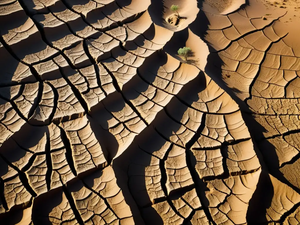 Patrones artísticos en suelos resquebrajados con texturas y sombras, evocando la belleza en la desolación de la tierra reseca