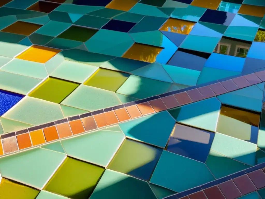 Patrones artísticos en superficies reflectantes: un mosaico colorido se refleja en el agua, creando una composición visualmente impactante