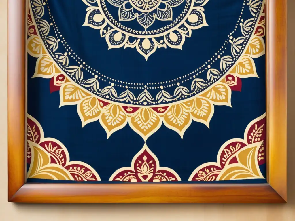 Patrones artísticos tradicionales de Indonesia: detallado batik indonesio en indigo, rojo y oro sobre un marco de madera en sombras suaves