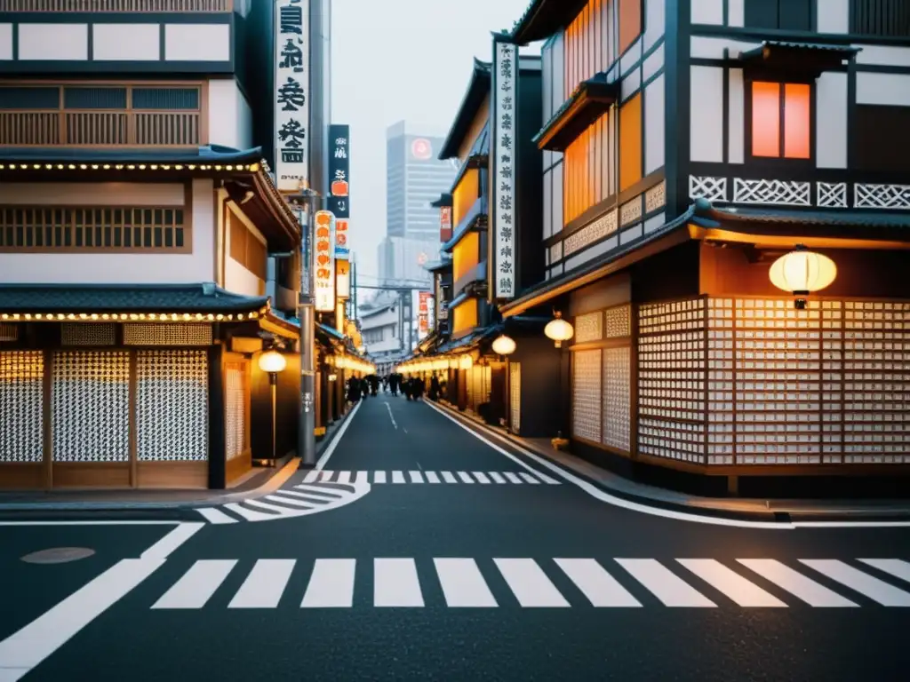 Patrones artísticos en la vida urbana de Tokio: Un cruce bullicioso con edificios tradicionales, grafitis y neones, capturado en blanco y negro