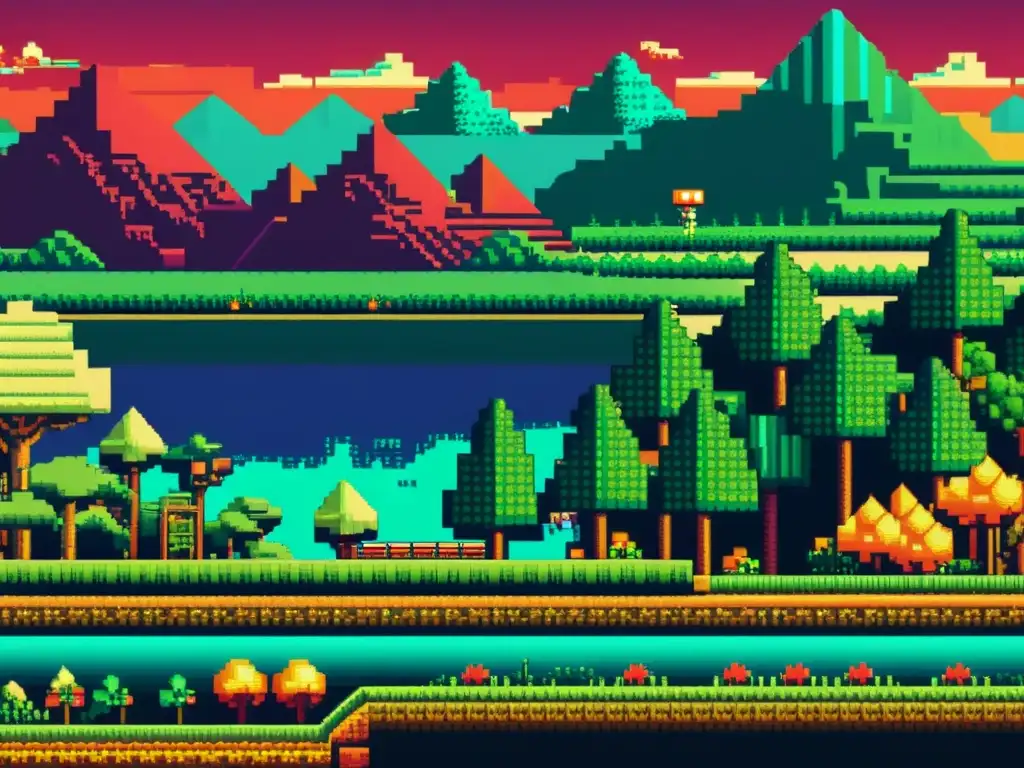 Patrones artísticos en videojuegos: Intrincado paisaje pixelado con vibrantes colores y detallado arte retro de videojuegos