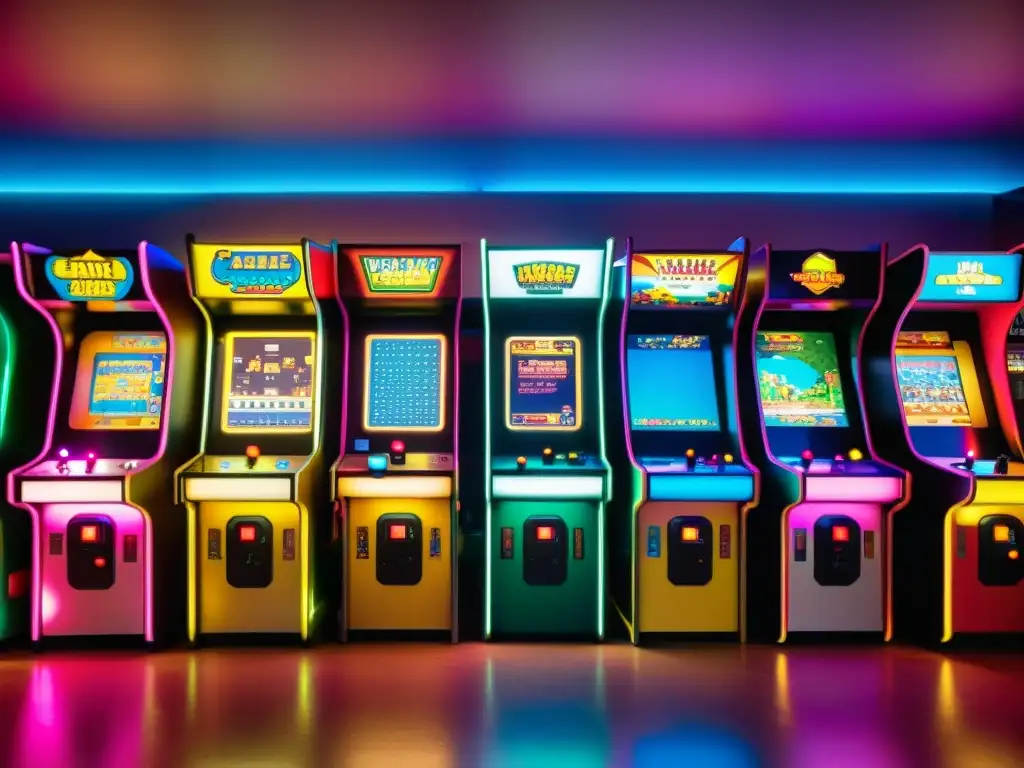 Patrones artísticos en videojuegos: Una sala de arcade vintage iluminada por luces de neón, con gabinetes clásicos y jugadores emocionados