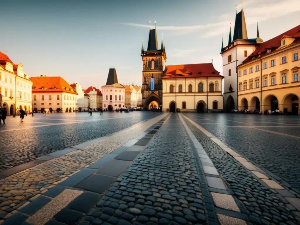 Patrones artísticos en el Viejo Casco de Praga: foto vintage de las calles empedradas y edificios históricos, evocando nostalgia y arte urbano