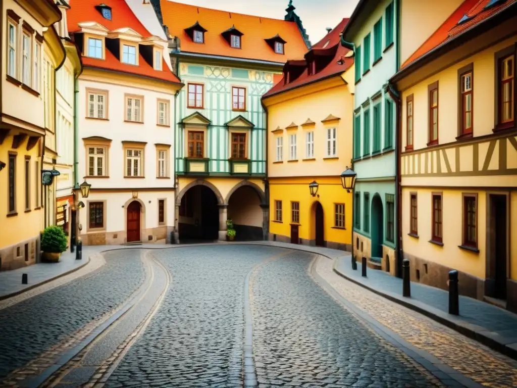 Patrones artísticos en el Viejo Casco de Praga: Fotografía vintage de las calles empedradas y la arquitectura histórica, evocando belleza atemporal