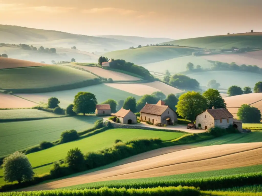 Innovación en patrones de asentamiento rural: Fotografía vintage de un paisaje rural con colinas y un pueblo pintoresco entre campos