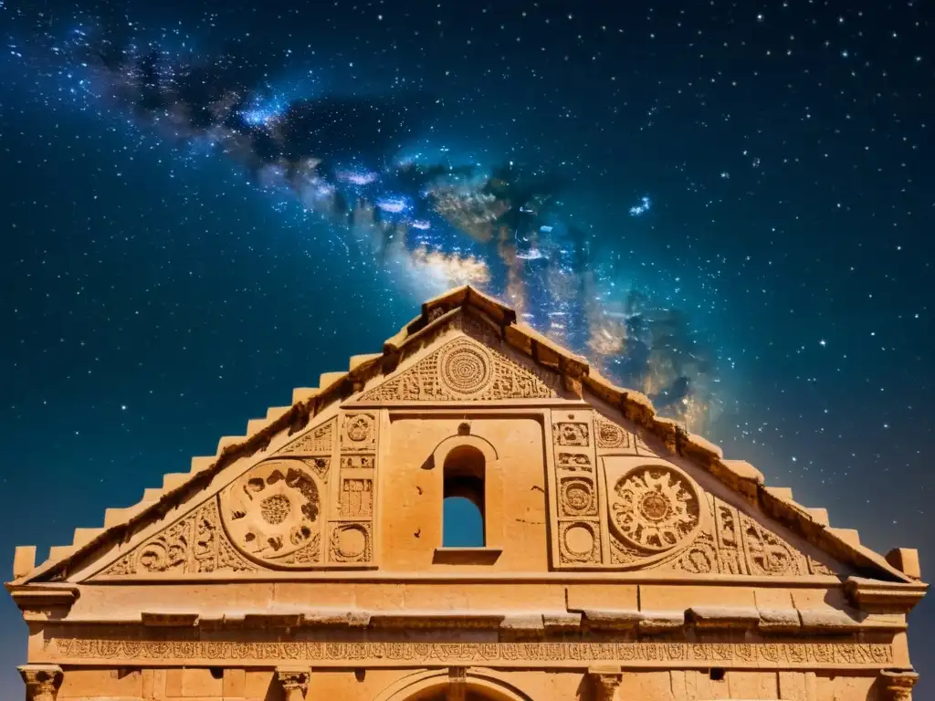 Patrones astroarquitectónicos de antiguas civilizaciones: Noche estrellada sobre estructura ancestral, evocando misterio y conexión cósmica