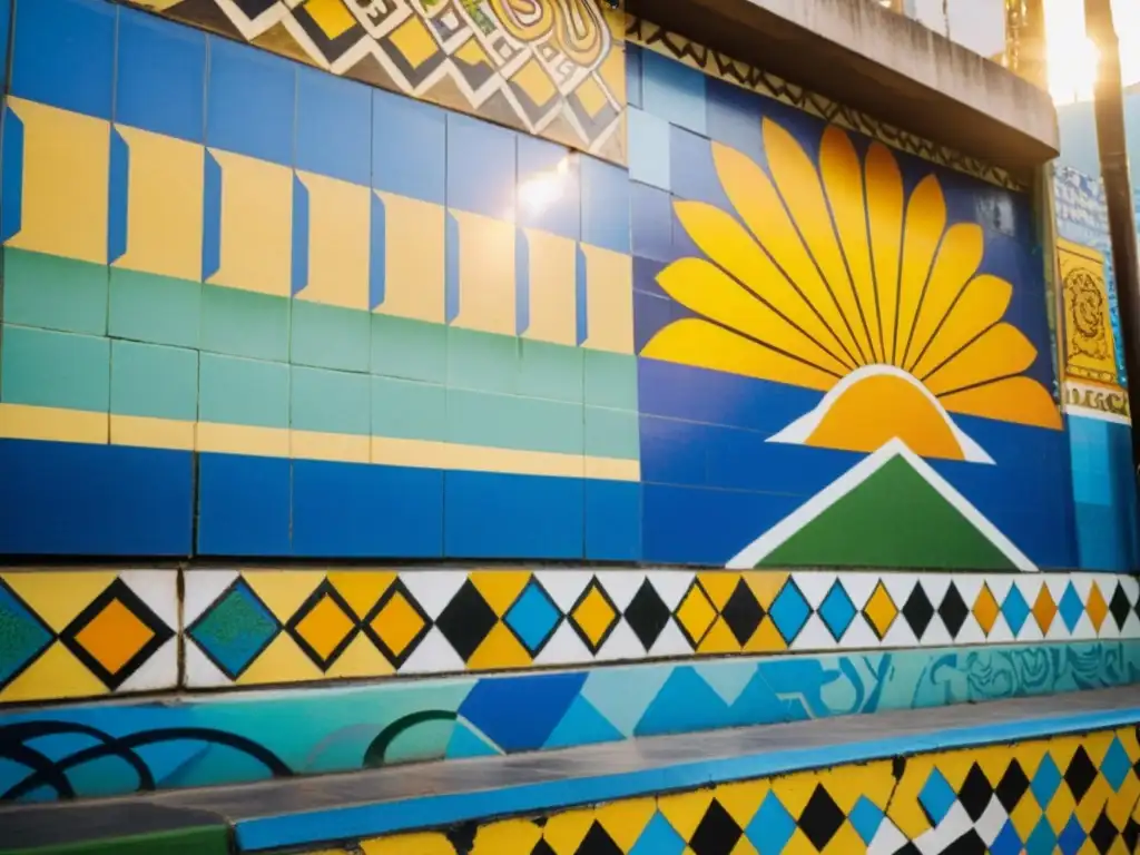 Patrones de azulejos y grafitis urbanos se entrelazan en vibrante mosaico urbano de Río de Janeiro, bajo cálido resplandor dorado del sol