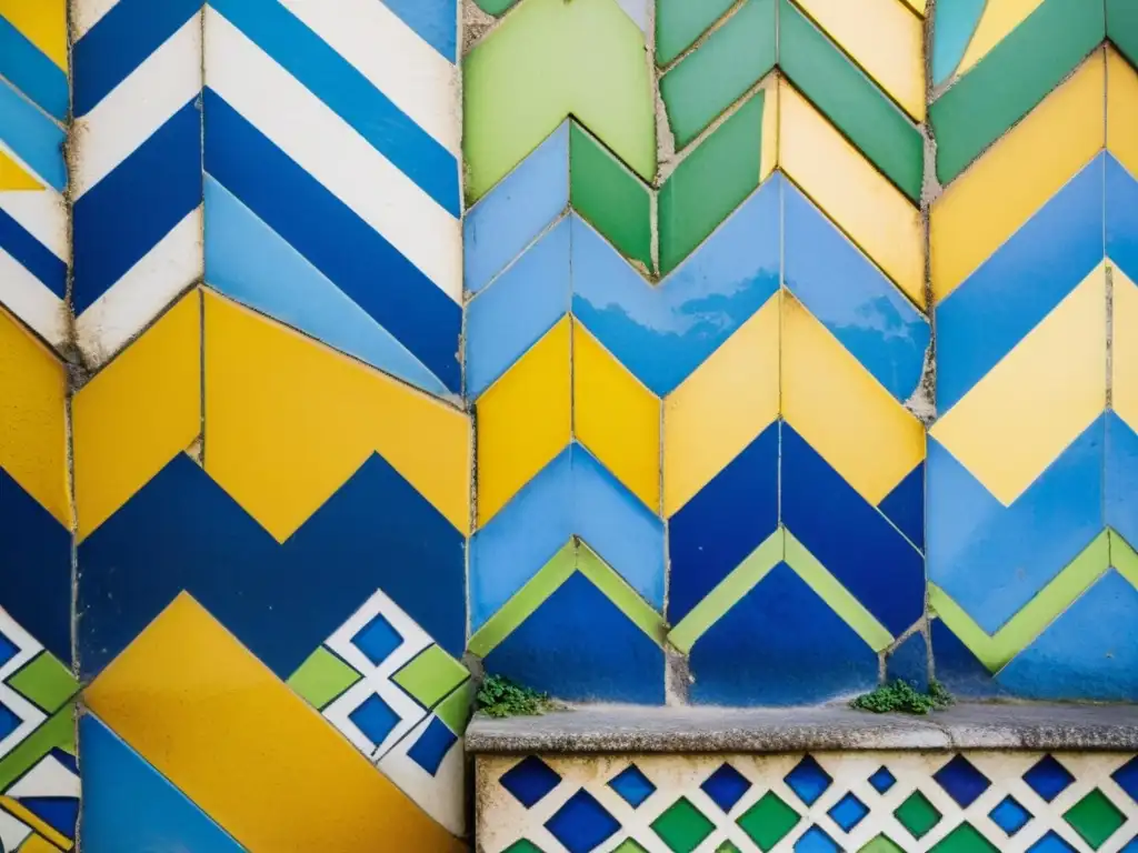 Patrones de azulejos y grafitis urbanos en una vibrante pared de mosaico en las calles de Río de Janeiro, con detalles nítidos y colores vivos