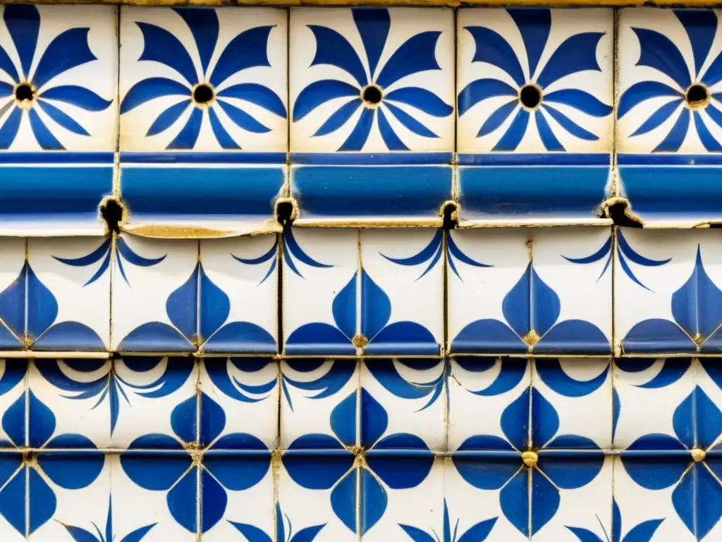 Patrones azulejos Lisboa descifrar laberintos: Detalles artesanales de azulejos azules y blancos en la soleada Lisboa