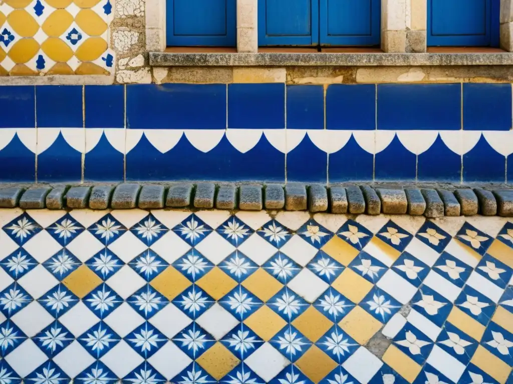 Patrones azulejos Lisboa descifrar laberintos: Un callejón empedrado bañado por la cálida luz solar, con azulejos portugueses en las paredes