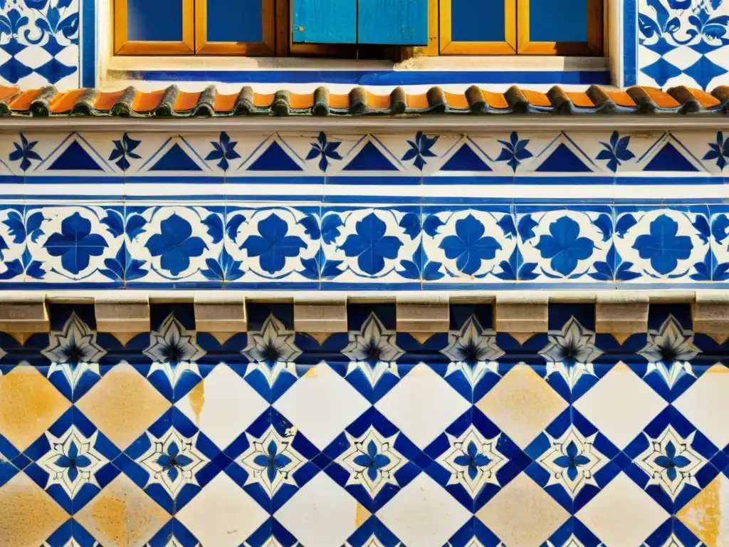 Patrones azulejos Lisboa descifrar laberintos: Fachada histórica de azulejos azules y blancos con intrincados diseños geométricos y florales, bañados por la cálida luz del sol