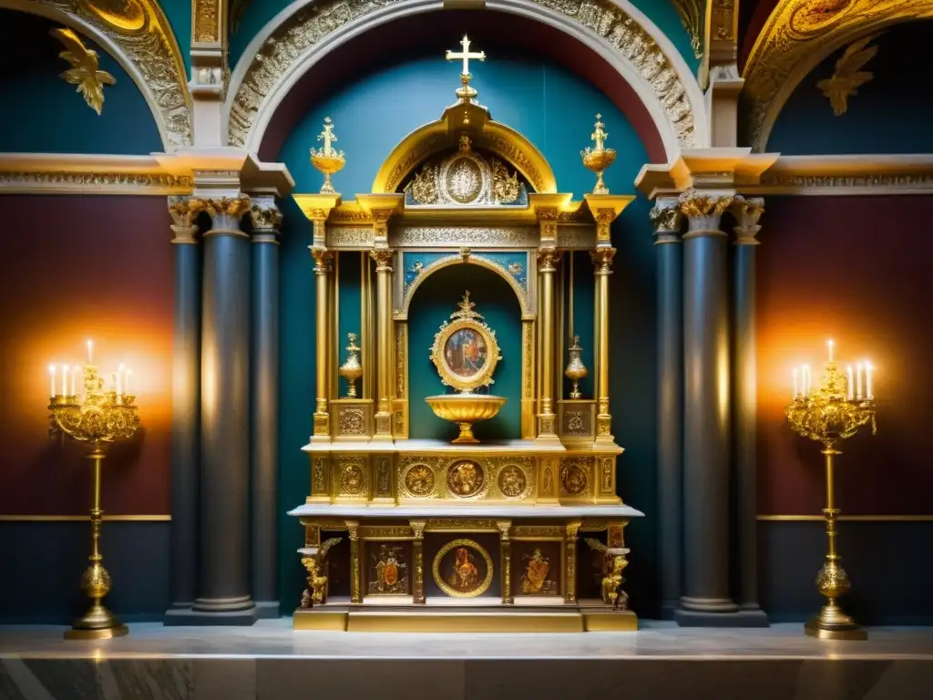 Patrones barrocos en arquitectura religiosa: altar ricamente ornamentado en catedral iluminada con juego de luces y sombras