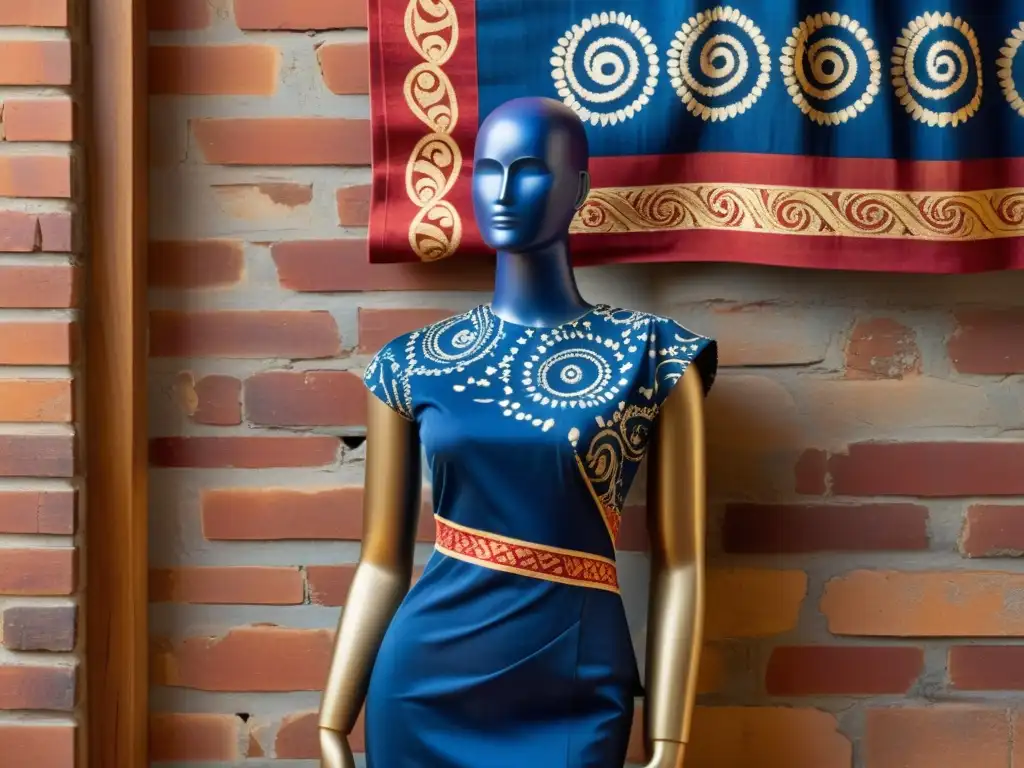 Exquisito batik: Patrón vibrante en 8k Patrones batik mercado arte: Detalle vibrante de tela batik en maniquí de madera, sobre ladrillo, con colores indigo, carmesí y dorados