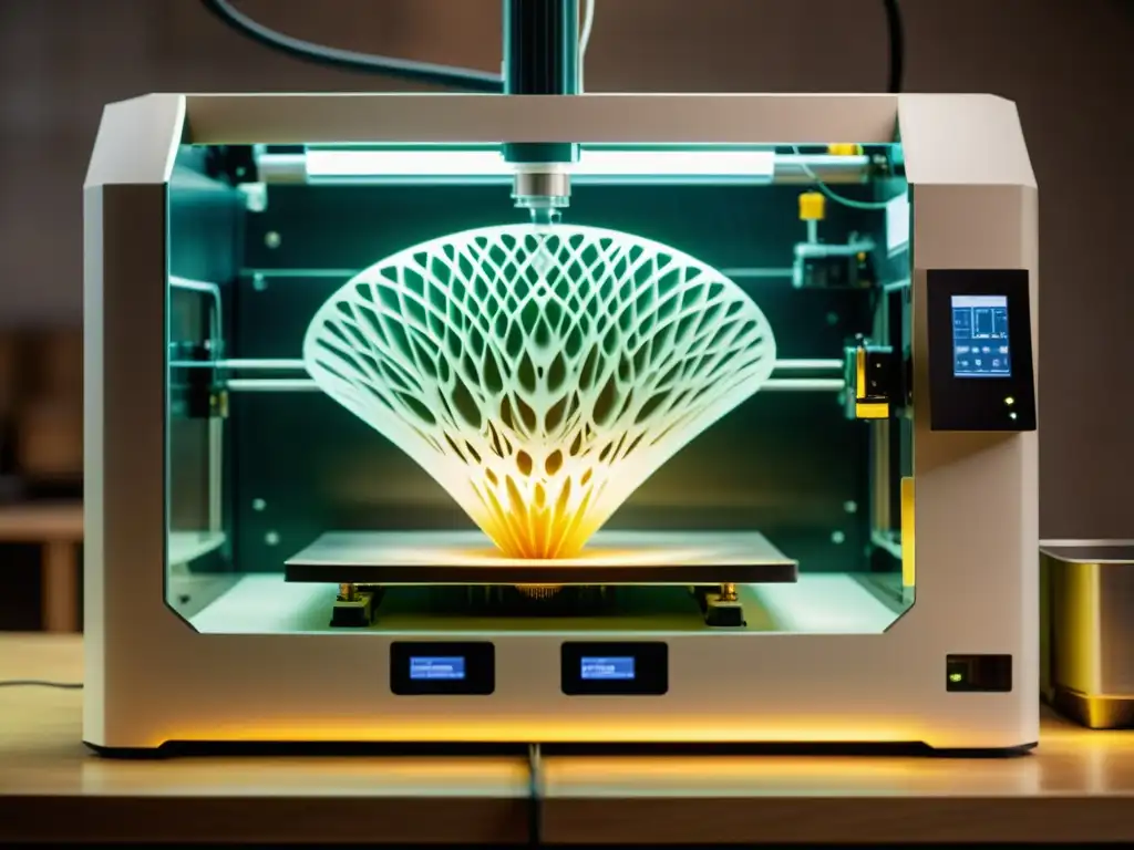 Ampliando patrones biomiméticos impresión 3D: 3D printer creando intrincados diseños biomiméticos en un taller vintage iluminado por luz filtrada