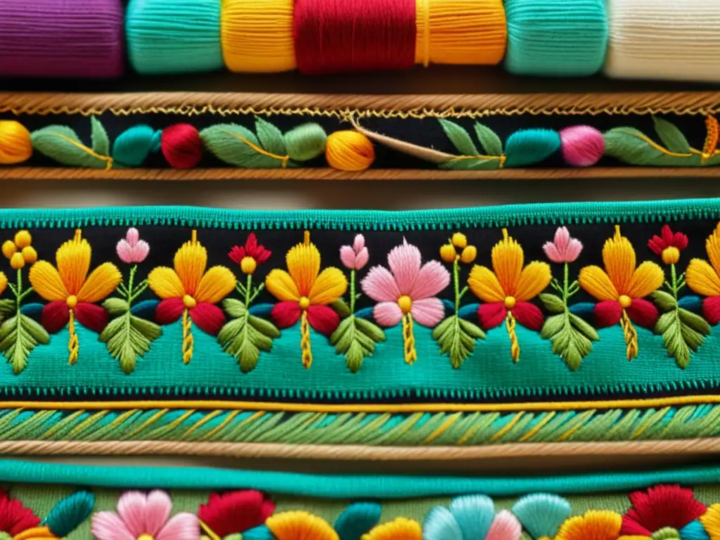 Patrones de bordado mexicano en línea: Detalle de bordado tradicional en textil vintage con motivos florales y herramientas de costura antiguas