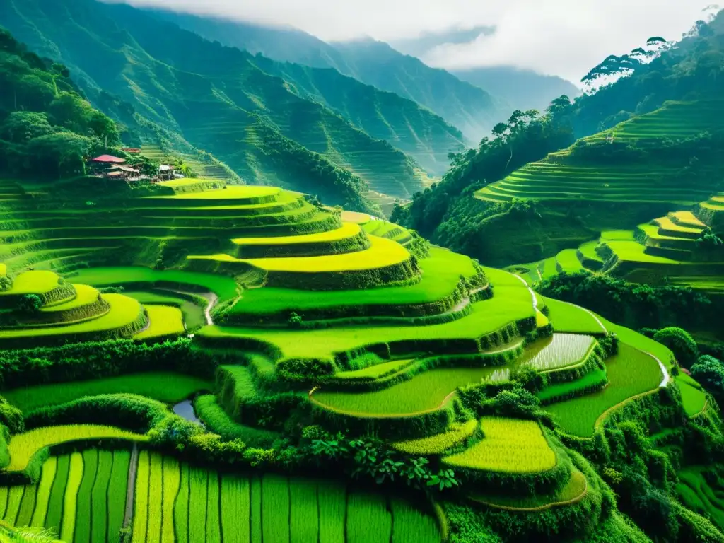 Patrones bordados terrazas Filipinas: Fotografía vintage de las icónicas terrazas de arroz de Banaue, con bruma matutina sobre el paisaje