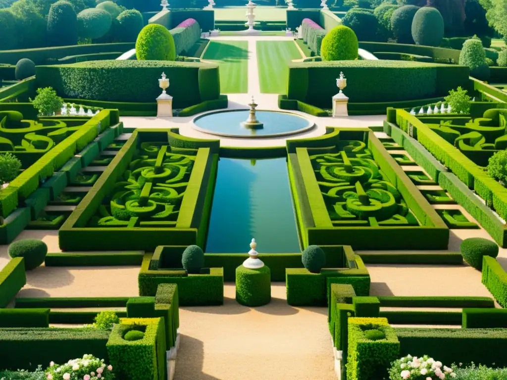 Patrones botánicos en jardines franceses: Ilustración vintage de los exquisitos jardines de Versalles, con sus setos y fuentes, evocando la elegancia y precisión del diseño francés