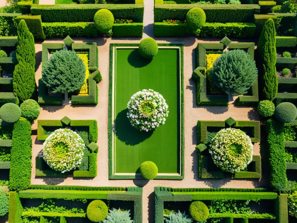 Patrones botánicos en jardines franceses: Imagen vintage de un jardín francés clásico con diseño simétrico, topiarios y flores en patrones geométricos, bañado por la suave luz solar, evocando elegancia atemporal