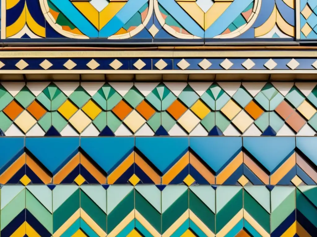 Patrones en campañas publicitarias: una hermosa fachada con mosaicos vintage, colores vibrantes y diseños geométricos, destacando historia y artesanía