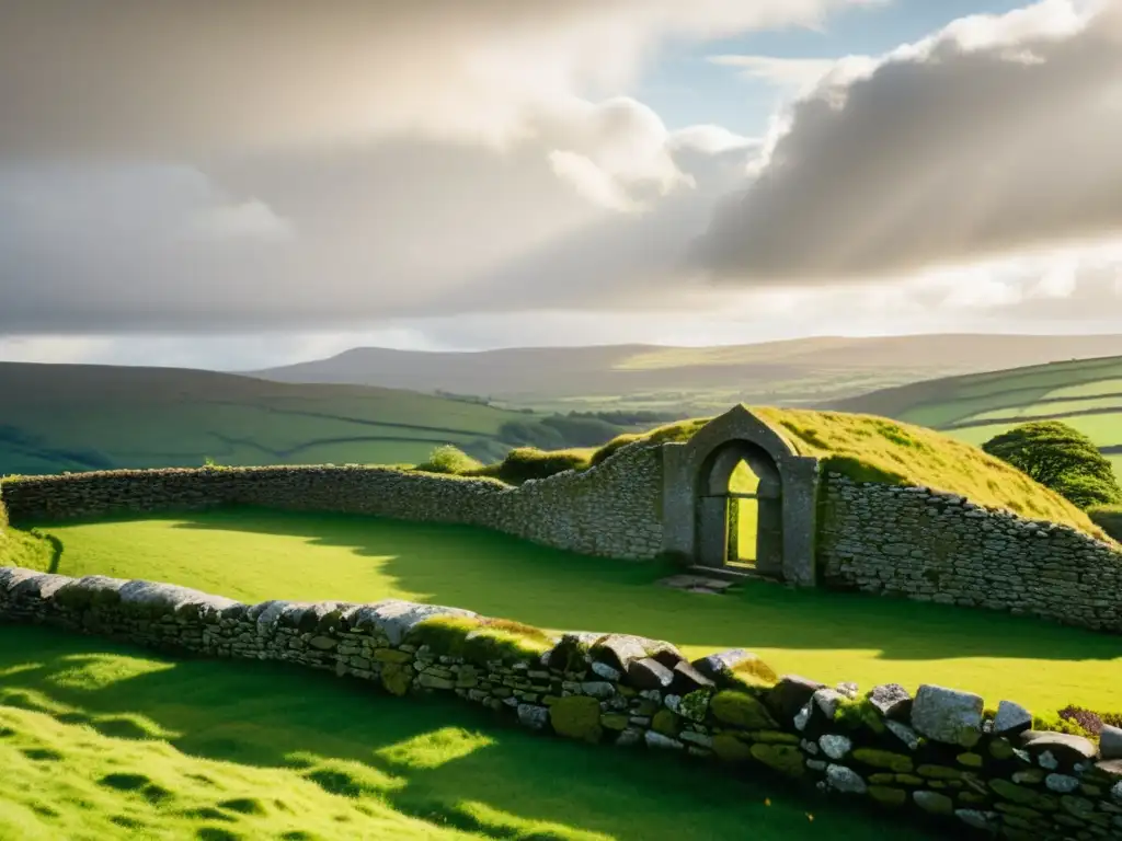 Patrones celtas en Irlanda: Fotografía vintage de la exuberante campiña irlandesa, con colinas onduladas y un muro de piedra serpenteando el paisaje