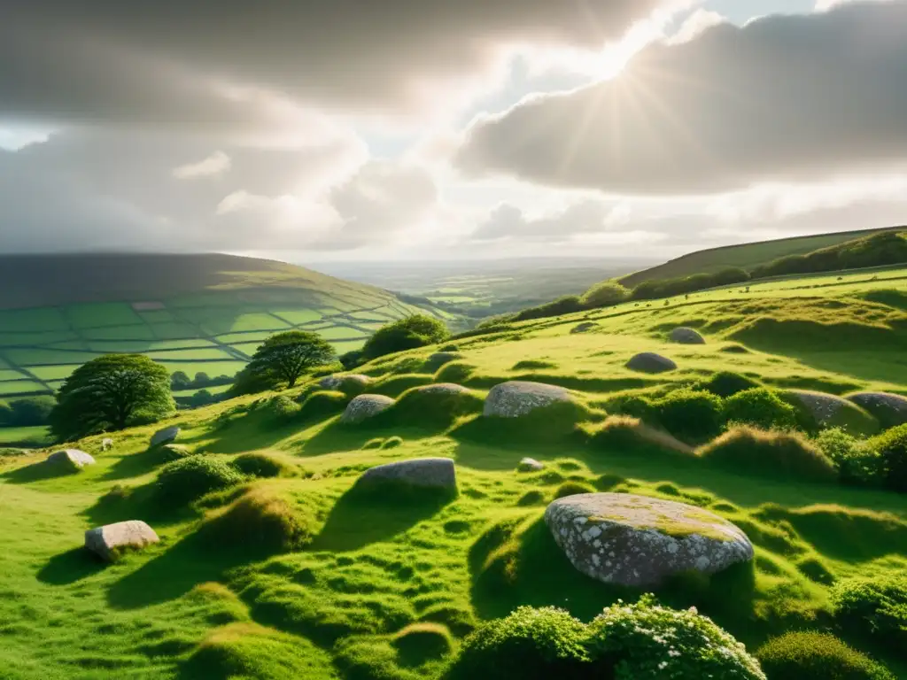 Patrones celtas en Irlanda: Fotografía vintage de paisaje verde irlandés con piedras antiguas formando diseños celtas