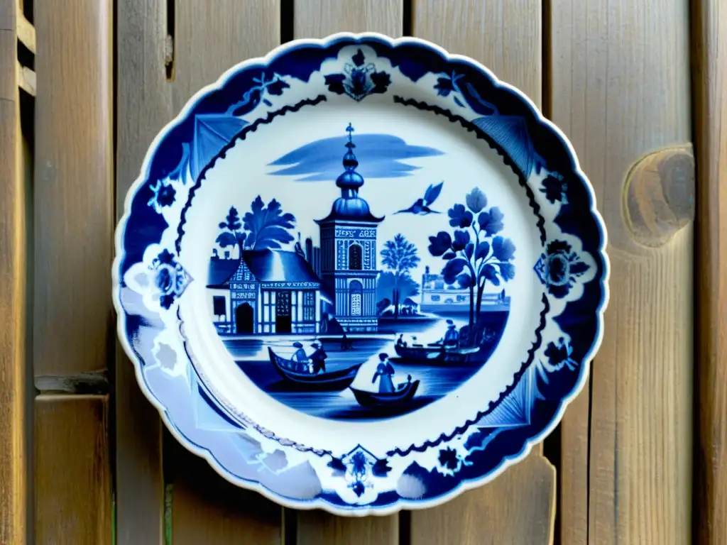 Patrones de cerámica de Delft: Placa vintage con detalles azules pintados a mano, reflejando la vida en Holanda en el siglo XVII