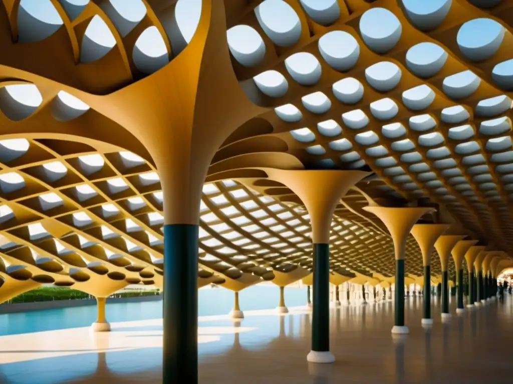 Patrones cinéticos en arquitectura moderna: Fotografía vintage del icónico Metropol Parasol en Sevilla, España, evoca movimiento y energía urbana