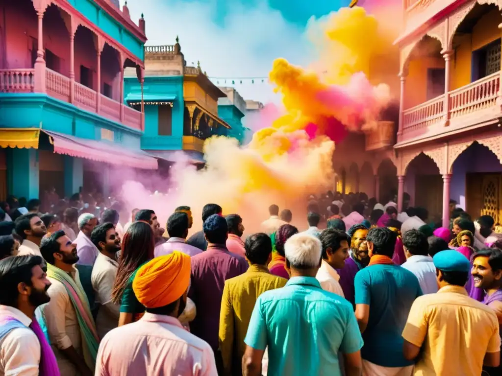 Patrones de color en el Holi: Calle bulliciosa durante el festival con polvo vibrante y gente lanzando colores al aire