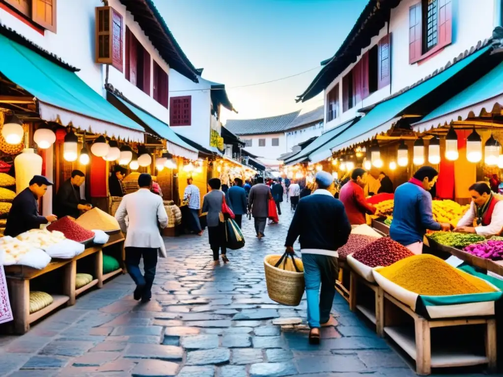 Patrones de comercio global y diversidad cultural: Mercado bullicioso en una ciudad antigua, lleno de colores, aromas y tradiciones comerciales