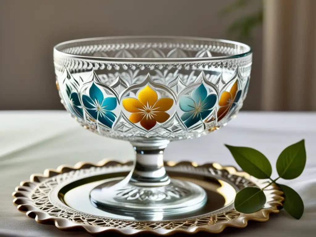 Patrones en cristalería fina: luz reflejada en un vaso de cristal vintage con delicados diseños florales, sobre un mantel de encaje